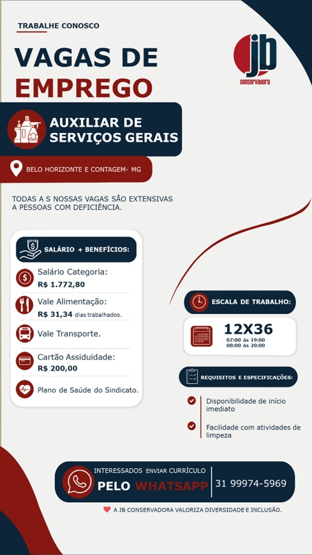 Auxiliar de Serviços Gerais 12x36 — JB Conservadora (BH e Contagem)