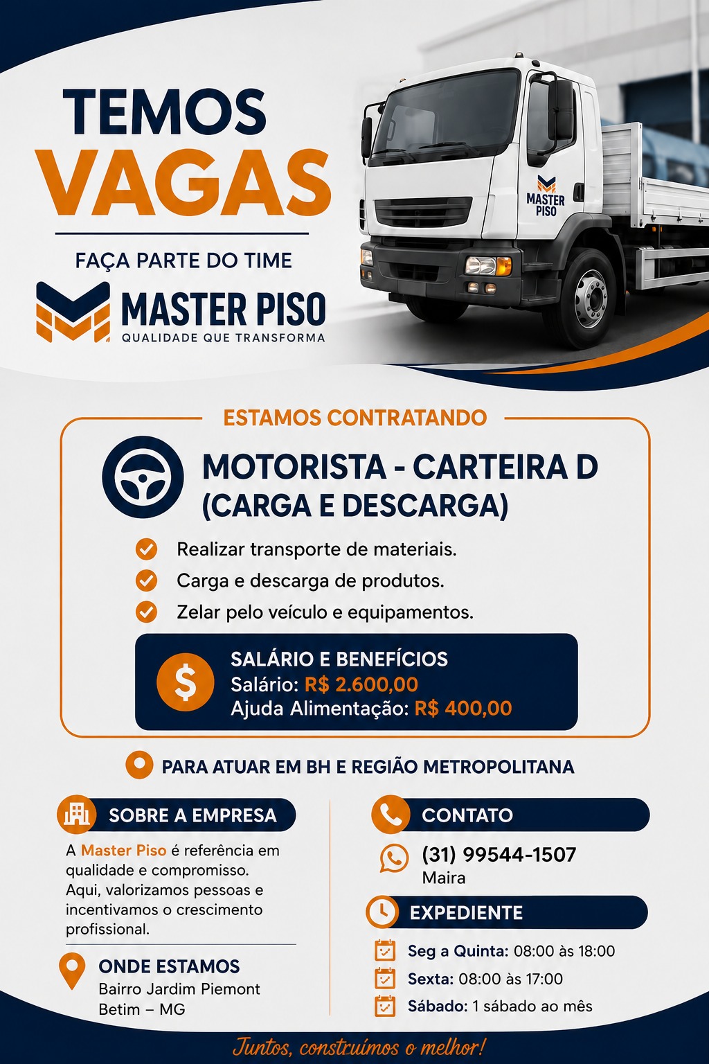 Motorista Carteira D (carga e descarga) — Master Piso, Betim