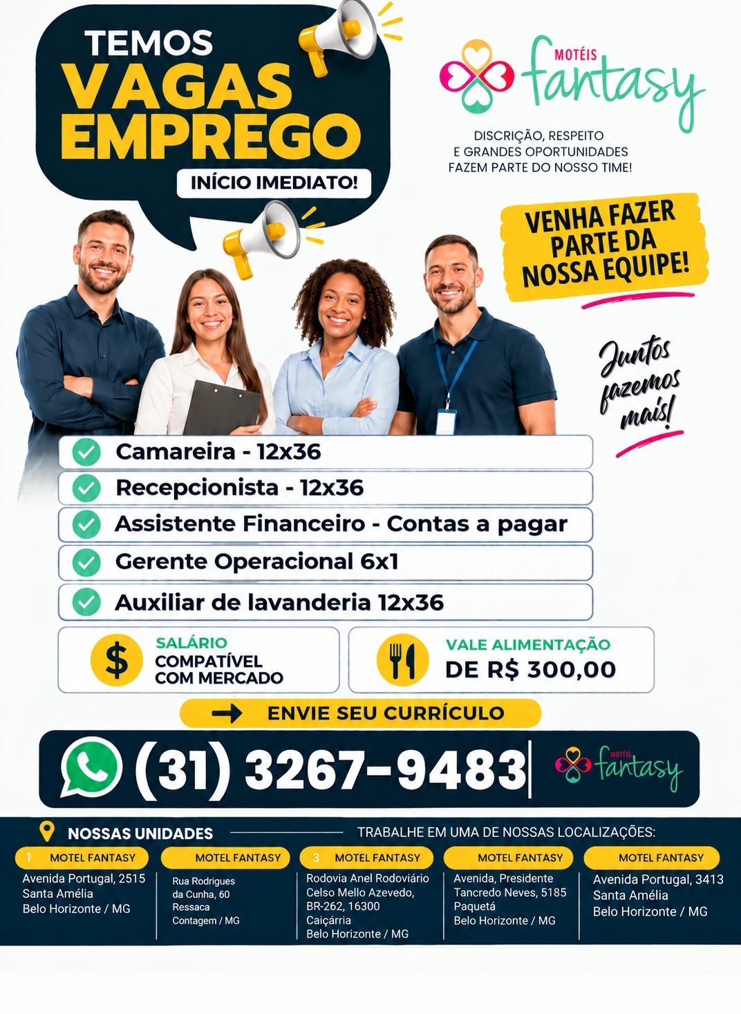 Motéis Fantasy (BH e Contagem): camareira, recepcionista, financeiro, gerente e lavanderia