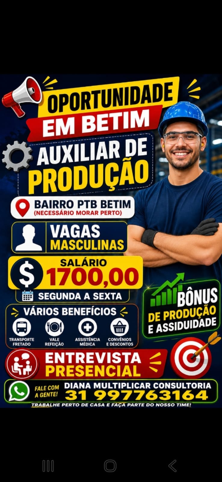 Auxiliar de Produção, — Betim, bairro PTB (vagas masculinas)