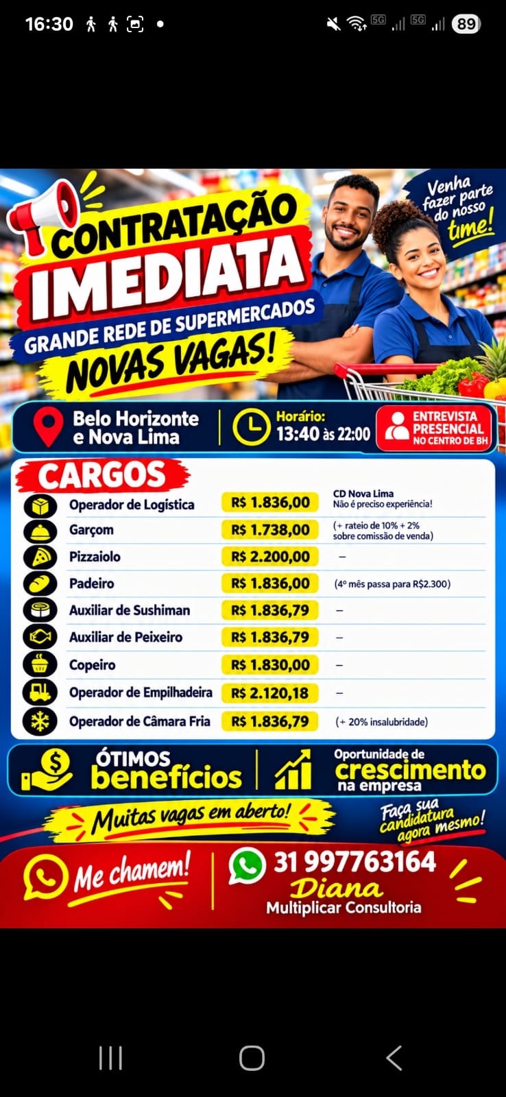 Supermercado (BH e Nova Lima): logística, sushiman, peixeiro, copeiro, empilhadeira e mais