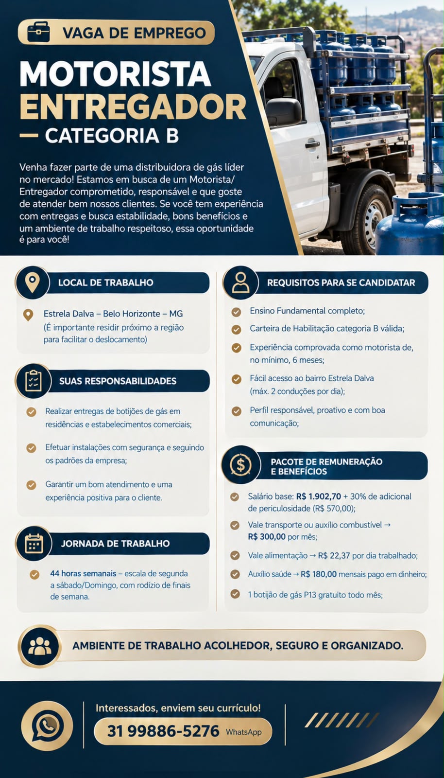 Motorista Entregador (CNH B) — distribuidora de gás, Estrela Dalva (BH)
