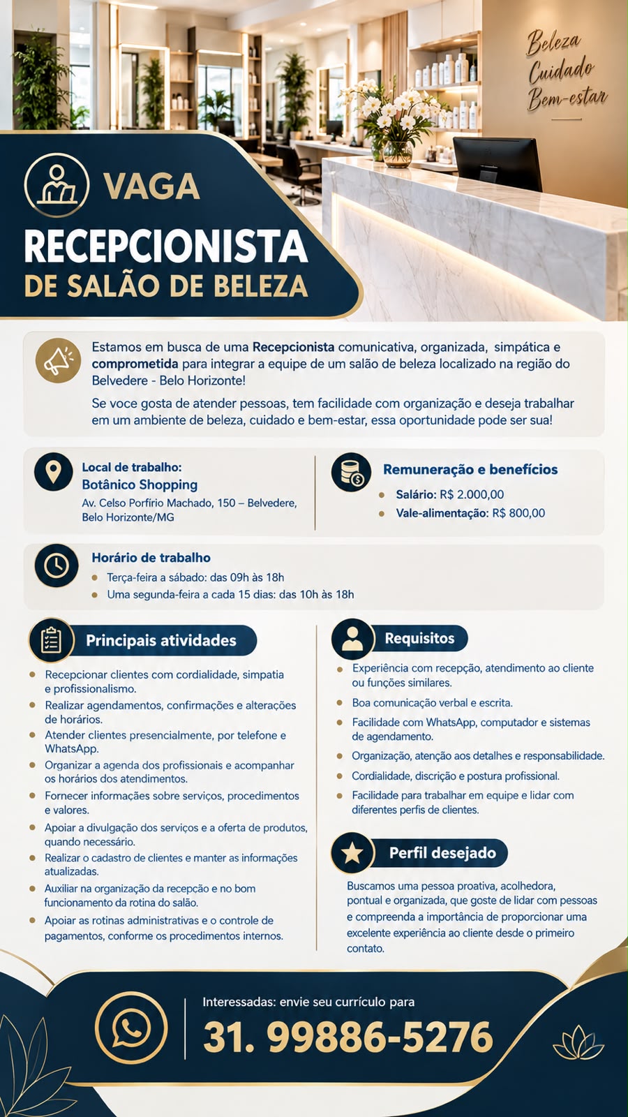 Recepcionista de salão de beleza — Botânico Shopping, Belvedere (BH)
