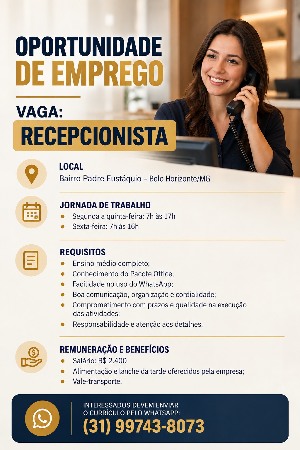 Recepcionista — Padre Eustáquio (BH)