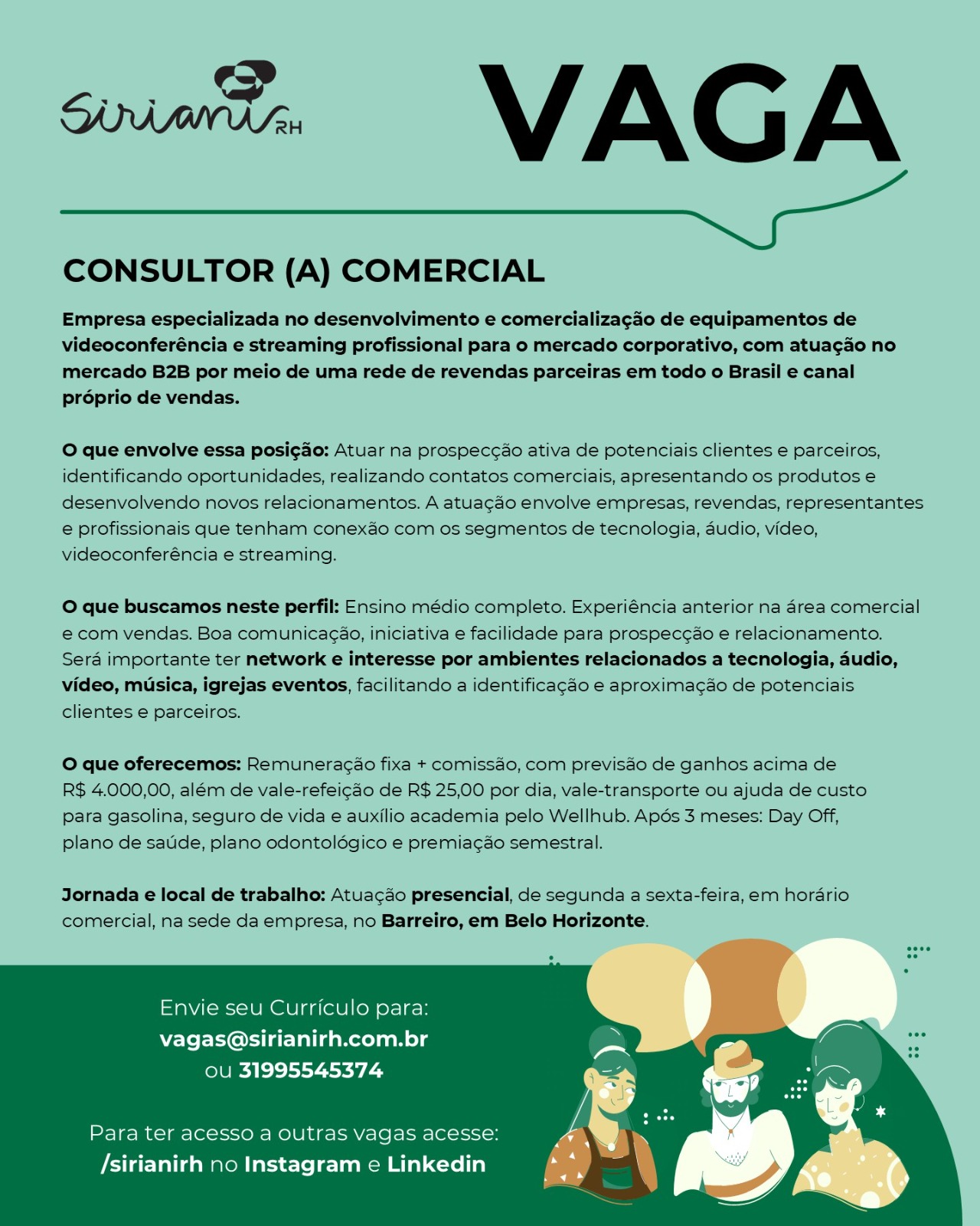 Consultor(a) Comercial — equipamentos de videoconferência (Barreiro, BH)